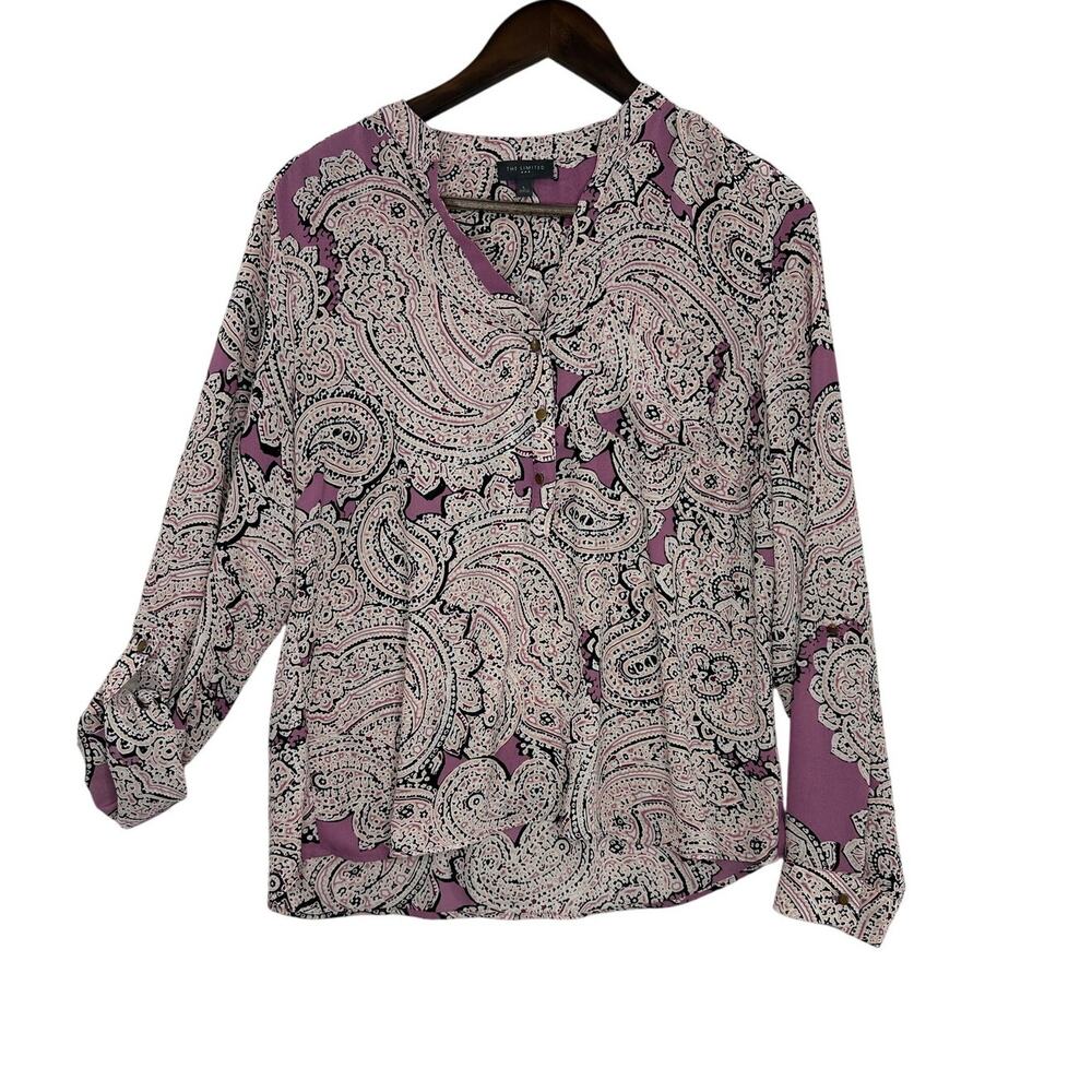 The Limited Lilac Paisley Roll Tab Blouse Size Large Gold Buttons Pre-Owned
